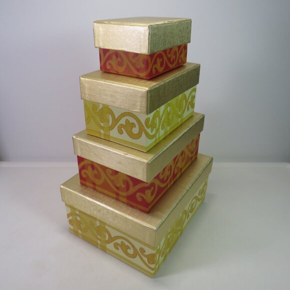 Harry and David Gift Boxes set of 4 Gold & Warm Red Swirl w metallic lids - Picture 1 of 12